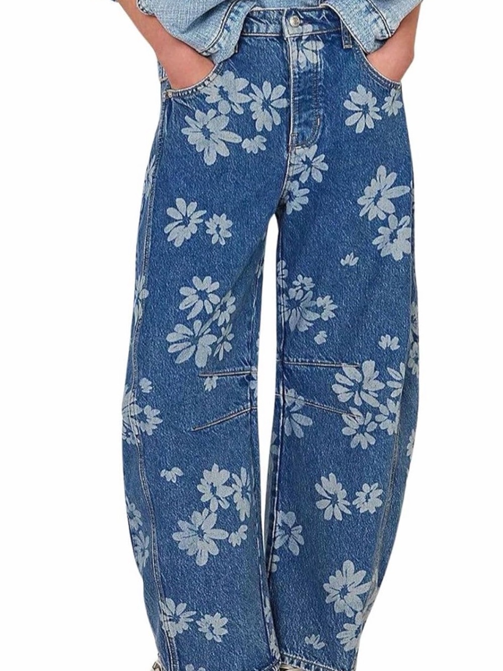 NWOT Floral Print Baggy Barrel Leg Women's Jeans - Blue